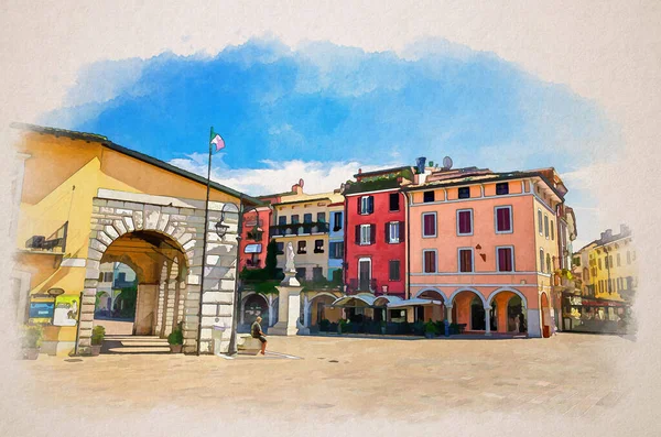 Akvarell Ritning Desenzano Del Garda Vintage Antikmarknad Plats Och Angela Royaltyfria Stockbilder