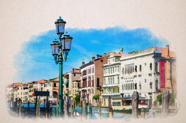 Venedik 'in tarihi şehir merkezinde, Venedik mimarisi, Venedik bölgesi, Kuzey İtalya' nın Venedik bölgesi, Venedik mimarisi ile Büyük Kanal su yollarının ahşap direkleriyle suluboya çizimi.