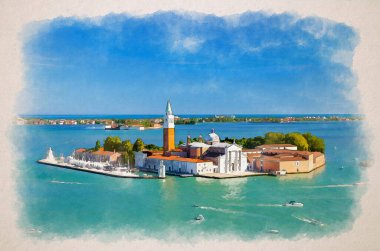 Venedik gölünde Campanile San Giorgio ile San Giorgio adasının havadan panoramik manzarasının suluboya çizimi, St. Mark Havzası, Lido Adası, Venedik şehri, Veneto bölgesi, İtalya