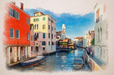 Venedik 'in suluboya çizimi: turistler Veneto' nun tarihi şehir merkezinde, demirlemiş tekneleri ve eski binaları olan dar su kanallarından oluşan sette yürüyorlar.