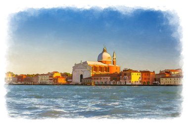 Chiesa del Santissimo 'nun suluboya çizimi Katolik kilisesi ve Venedik lagünündeki Giudecca adasının seddi üzerindeki binalar, İtalya Venedik şehrinden günbatımı manzarası