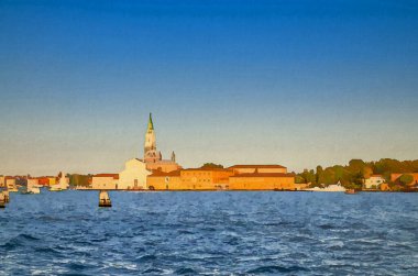 Chiesa di San Giorgio Maggiore adasının suluboya çizimi. Katolik kilisesi ve çan kulesi. Venedik Göl suyunun Giudecca Kanalı.