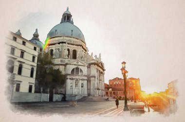 İtalya 'nın Veneto bölgesinde Fondamenta Salute toprak seti ve rıhtımı üzerindeki Punta della Dogana' daki Santa Maria della Salute Katolik kilisesinin suluboya çizimi. Güneşe karşı gün batımı görünümü