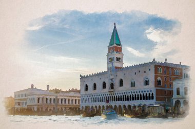 Venedik şehrinin gondolları ve San Marco havzası, Riva degli Schiavoni rıhtım güvertesi, Doge Sarayı Palazzo Ducale ve Campanile çan kulesi, İtalya