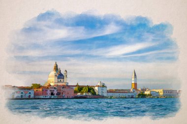 Venedik şehrinin suluboya çizimi, San Marco havzası ile Venedik lagün suyu, Santa Maria della Salute kilisesi, Campanile çan kulesi ve Dük Sarayı Palazzo Ducale, Veneto Bölgesi, İtalya