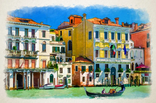 Dessin Aquarelle Venise Gondolier Touristes Sur Gondole Bateau Traditionnel Naviguant — Photo