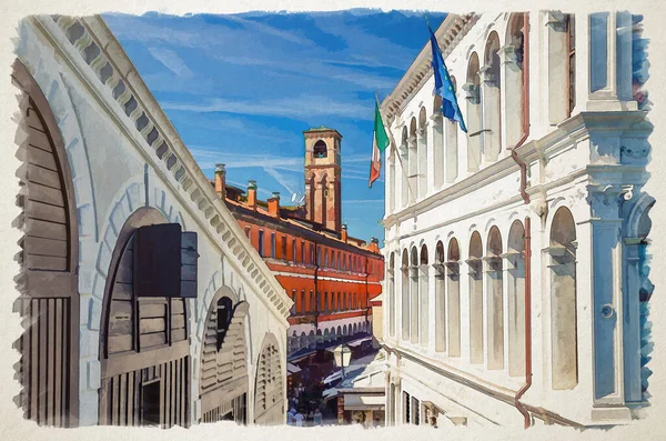 Desenho Aquarela Veneza Palazzo Dei Camerlenghi Edifício Palácio Campanile Torre — Fotografia de Stock