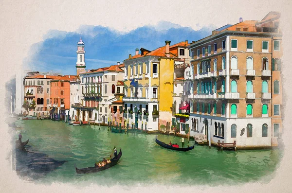 ヴェネツィアの水彩画 ヴェネツィアの建築典型的なカラフルな建物や鐘楼の背景とグランド運河水路の水にゴンドラの伝統的なボートセーリングにゴンドラのゴンドラ — ストック写真