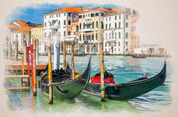 베네치아 중심부에 그랜드 수로의 부두에 자리잡고 곤돌라 통배들의 수채화 이탈리아 — 스톡 사진