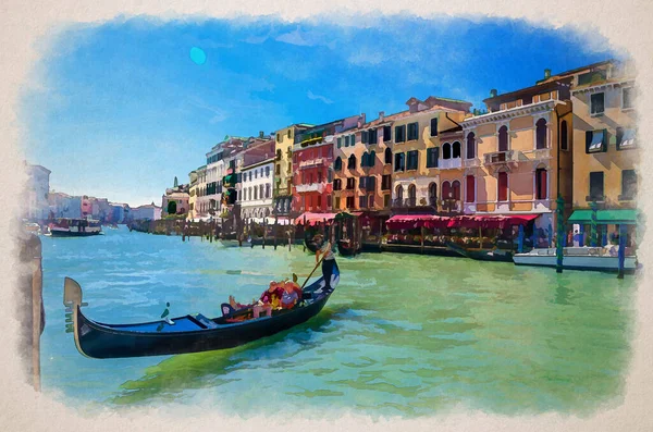 ヴェネツィアの水彩画の描画 ヴェネツィアの建築典型的なカラフルな建物の背景とグランド運河水路の水にセーリングゴンドラ伝統的なボートでゴンドラや観光客 — ストック写真