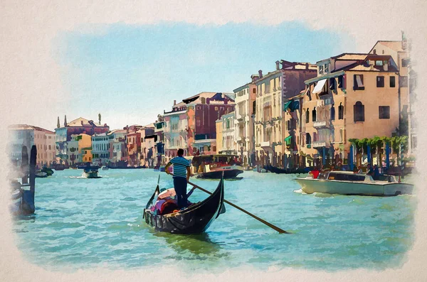 Dibujo Acuarela Venecia Gondolero Turistas Góndola Barco Tradicional Navegando Agua — Foto de Stock