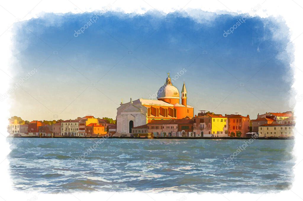 Watercolor drawing of Chiesa del Santissimo Redentore catholic church and row of buildings on fondamenta embankment of Giudecca island canal in Venetian Lagoon, sunset view from Venice city, Italy