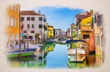 Chioggia şehrinin suluboya çizimleri, dar su kanalı Vena 'nın eski renkli binalar ve köprü arasında demirli tekneler, yaz günü mavi gökyüzü, Veneto Bölgesi, Kuzey İtalya