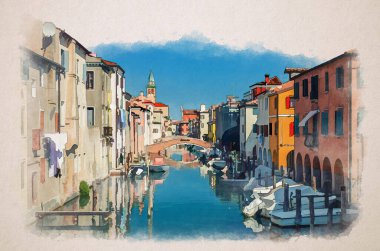 Chioggia şehrinin suluboya çizimleri, dar su kanalı Vena 'nın eski renkli binalar ve köprü arasında demirli tekneler, yaz günü mavi gökyüzü, Veneto Bölgesi, Kuzey İtalya