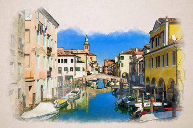 Chioggia şehrinin suluboya çizimleri, dar su kanalı Vena 'nın eski renkli binalar ve köprü arasında demirli tekneler, yaz günü mavi gökyüzü, Veneto Bölgesi, Kuzey İtalya