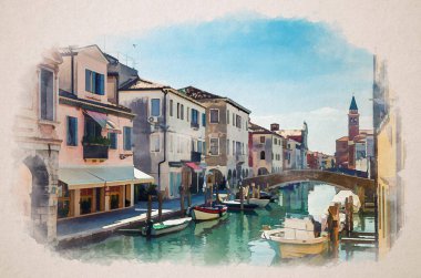 Chioggia şehrinin suluboya çizimi, dar su kanalı Vena ile eski renkli binalar ve tuğla köprü arasında demirli tekneler, yaz günü mavi gökyüzü, Veneto Bölgesi, İtalya