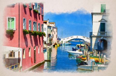 Vena su kanalı boyunca uzanan Stone Köprüsü 'nün suluboya çizimi renkli tekneler ve Chioggia şehrinin tarihi merkezinde eski binalar, yaz günü mavi gökyüzü, Veneto Bölgesi, İtalya
