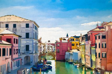 Chioggia şehrinin suluboya çizimi, dar su kanalı Vena ile eski renkli binalar ve tuğla köprü arasında demirli tekneler, yaz günü mavi gökyüzü, Veneto Bölgesi, İtalya