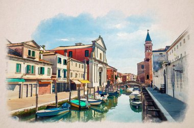 Chioggia şehrinin suluboya çizimi dar su kanalı Vena ile demirli tekneler, Chiesa dei Filippini kilisesi, Parrocchia di San Giacomo Apostolo binası, İtalya