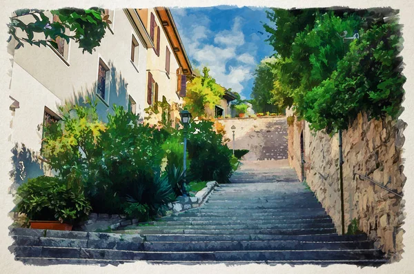 Dibujo Acuarela Escalera Adoquín Con Escaleras Árboles Verdes Arbustos Flores —  Fotos de Stock