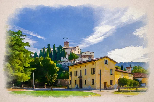 시대에 브레시아 수채화 또는치 언덕에 이탈리아의 카스텔로 브레시아 그리고 역사적 — 스톡 사진