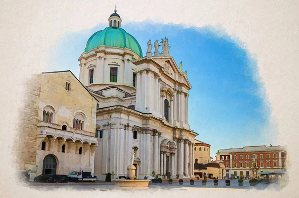 Watercolor Drawing Palazzo Del Broletto Palace Cathedral Santa Maria Assunta — стокове фото