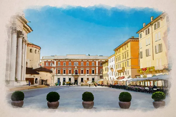 Akvarell Ritning Brescia Piazza Paolo Square Med Santa Maria Assunta — Stockfoto