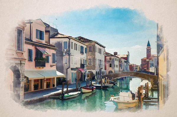 Chioggia Şehrinin Suluboya Çizimi Dar Kanalı Vena Ile Eski Renkli — Stok fotoğraf