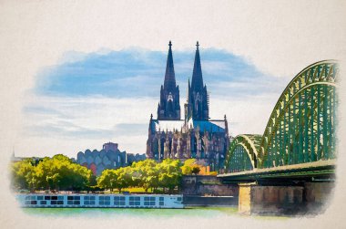 Köln 'ün tarihi şehir merkezinin suluboya çizimi. Köln Katedrali, Aziz Peter Katolik Kilisesi. Gotik tarzı bina, Hohenzollern Köprüsü.