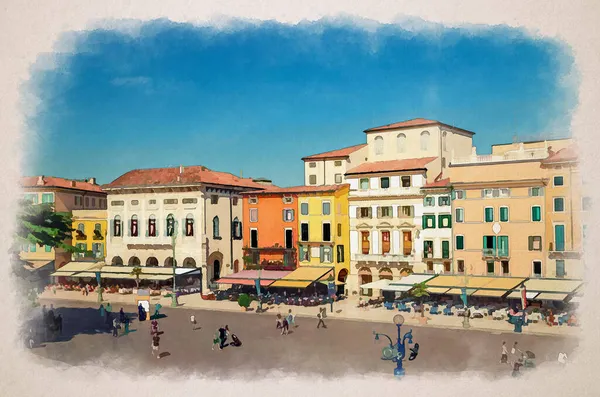Akvarell Ritning Verona Piazza Bra Torget Historiska Stadskärnan Med Raden — Stockfoto