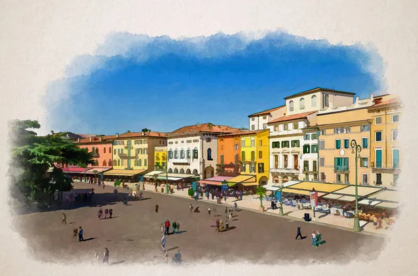 Dibujo Acuarela Verona Piazza Bra Vista Aérea Cuadrada Centro Histórico — Foto de Stock