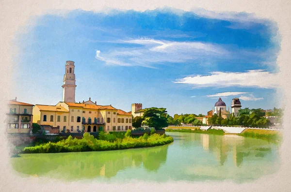 Vízfestékrajz Verona Városkép Épületekkel Partján Adige Folyó San Giorgio Braida — Stock Fotó