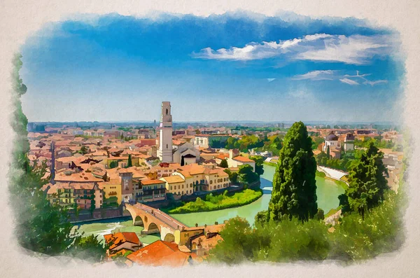 Akvarell Ritning Antenn Utsikt Över Verona Historiska Centrum Ponte Pietra — Stockfoto