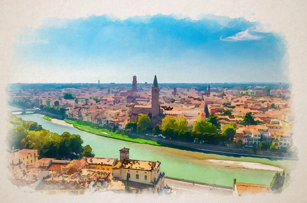 维罗纳历史市中心 Adige河 Santa Anastasia教堂塔楼 意大利威尼托地区带有红色砖瓦屋顶的中世纪建筑的空中景观水彩画 — 图库照片