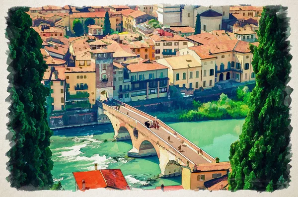 Ponte Pietra Taş Köprüsü Nün Suluboya Çizimi Pons Marmoreus Adige — Stok fotoğraf