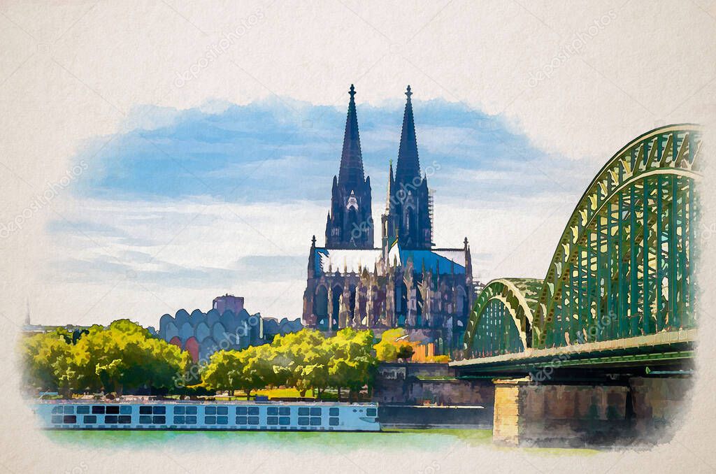 Watercolor drawing of Cologne cityscape of historical city centre with Cologne Cathedral Roman Catholic Church of Saint Peter gothic style building, Hohenzollern Bridge across Rhine river, Germany