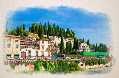 Castel San Pietro St. Peter Castle, Museo Archeologico, Convento di San Girolamo 'nun suluboya çizimi tepede selvi ağaçları, Verona şehrinin tarihi merkezinde Adige nehri, Veneto Bölgesi, İtalya