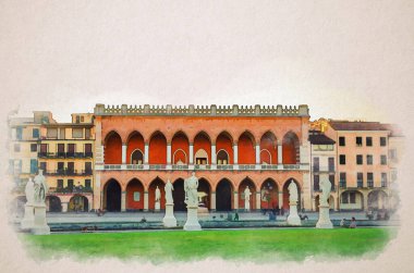 Padua şehrinin suluboya çizimi: Palazzo Loggia Amulea Sarayı neogotik tarzı bina ve Piazza Prato della Valle Meydanı 'ndaki tarihi kanal yakınlarındaki heykeller, İtalya' nın Padova kenti