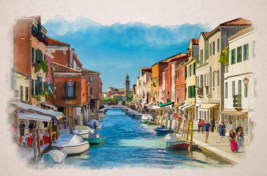 Murano 'nun suluboya çizimi: su kanalları arasında köprü, botlar ve motorlu tekneler, renkli geleneksel binalar, Venedik lagünü, Veneto bölgesi. Isola Katolik kilisesinde San Michele