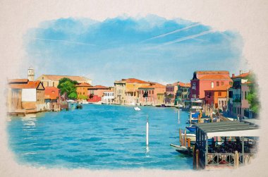 Santa Maria degli Angeli kilisesi, botlar ve motorlu tekneler, geleneksel binalar, Venedik lagünü, Venedik bölgesi, İtalya ile Murano adalarının suluboya çizimi. Murano kartpostal şehir manzarası