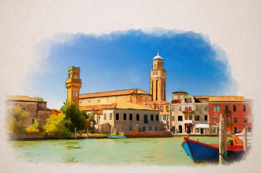 Murano adalarının suluboya resimleri saat kulesi Torre dell 'Orologio, San Pietro Martire kilise binası, su kanalı, botlar, Venedik lagünü, Veneto Bölgesi, İtalya. Murano kartpostalı