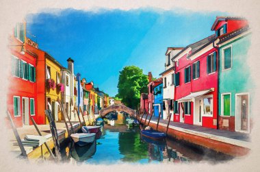Burano adasındaki renkli evlerin suluboya çizimi. Dar su kanalları, balıkçı tekneleri ve taş köprü, Venedik Bölgesi, Veneto Bölgesi, İtalya