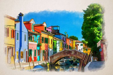 Burano adasındaki renkli evlerin suluboya çizimi. Dar su kanalları, balıkçı tekneleri ve taş köprü, Venedik Bölgesi, Veneto Bölgesi, İtalya