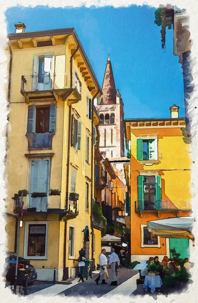 Verona Akvarell Rajza Tipikus Olasz Utca Hagyományos Épületekkel Redőnyablakokkal Utcai — Stock Fotó