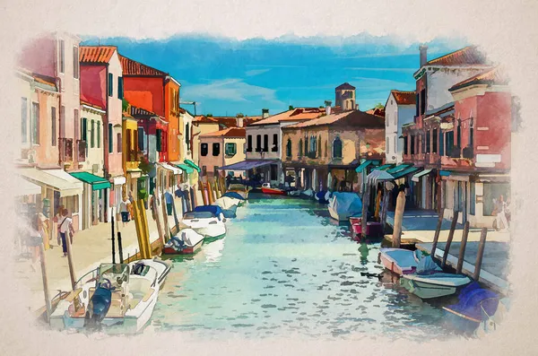 Vízfestékrajz Murano Szigetek Vízcsatorna Hajók Motorcsónakok Színes Hagyományos Épületek Velencei — Stock Fotó