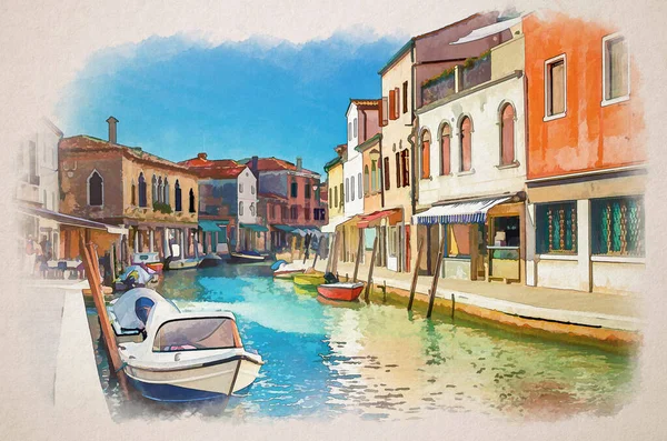 Desenho Aquarela Ilhas Murano Com Canal Água Barcos Barcos Motor — Fotografia de Stock