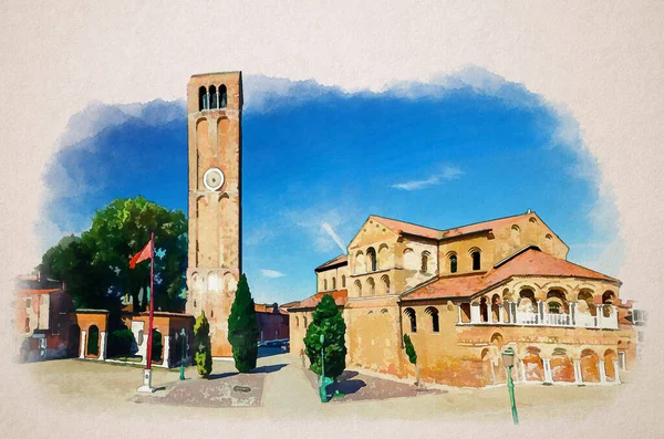 Akvarell Ritning Kyrkan Santa Maria San Donato Och Klocktorn Tegel — Stockfoto