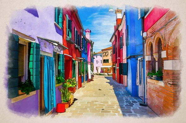 Dibujo Acuarela Isla Burano Calle Empedrada Estrecha Entre Casas Colores — Foto de Stock