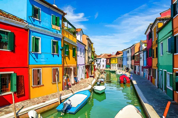 Watercolor drawing of Colorful houses of Burano island. Multicolored buildings on fondamenta embankment of narrow water canal with fishing boats in sunny day, Venice Province, Veneto Region, Italy