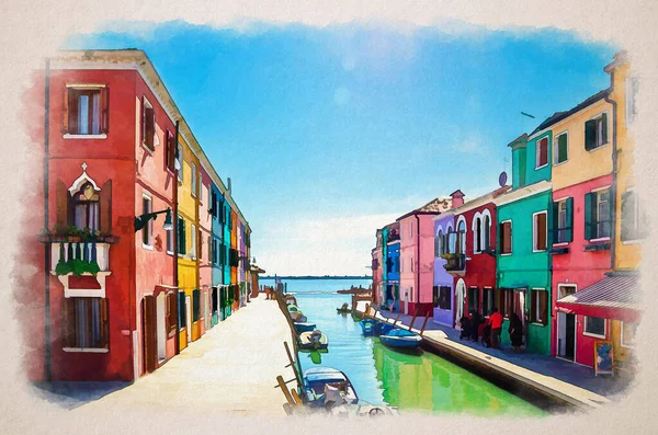 부라노 색깔의 건물들 베네치아 베네토 지역을 수로를 제방을 걸어가는 사람들 — 스톡 사진